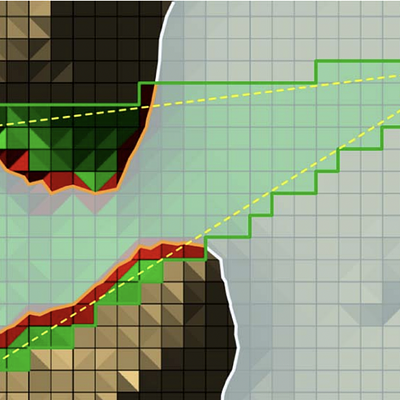 Potential blockers (orange) for rays going from s to T are found in the shaft-like shape (green).