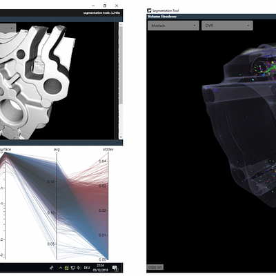 Left: Our novel segmentation tool performing a porosity analysis on an aluminum cast part with multiple linked views: 2D slices, Direct Volume Rendering, and interactive parallel coordinates. Right: CT data set rendered at real-time frame rates using Direct Volume Rendering.