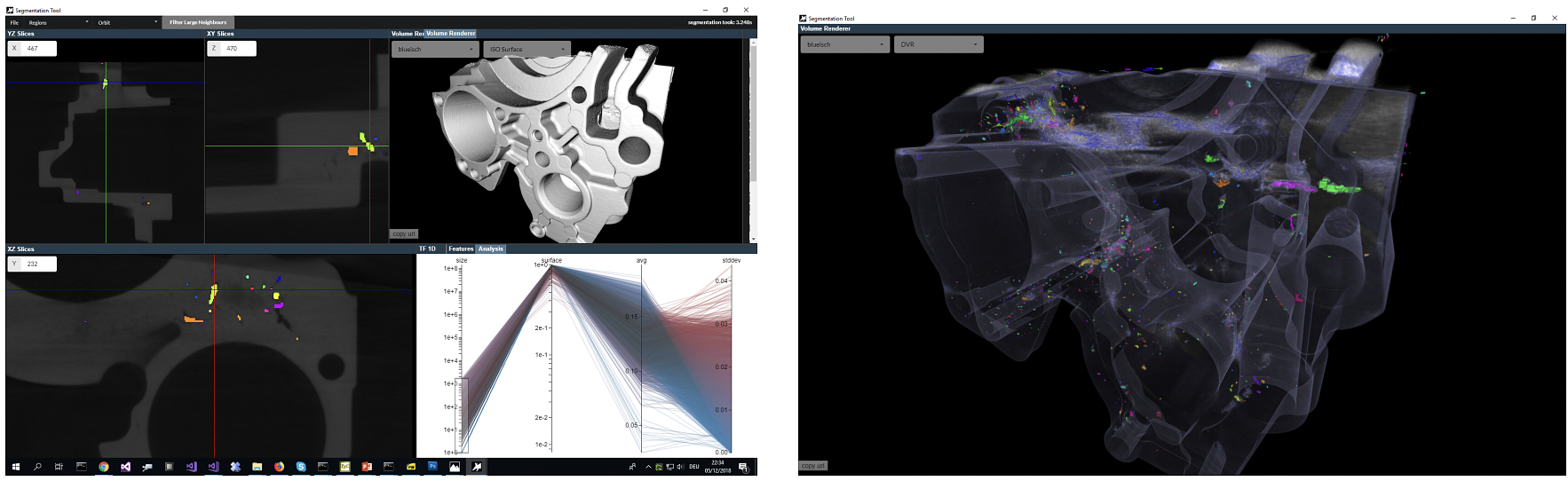 Left: Our novel segmentation tool performing a porosity analysis on an aluminum cast part with multiple linked views: 2D slices, Direct Volume Rendering, and interactive parallel coordinates. Right: CT data set rendered at real-time frame rates using Direct Volume Rendering.