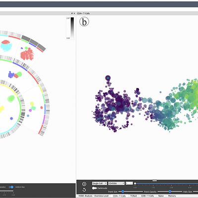 Cytosplore Screenshot with multiple views open; a) CyteGuide, b) HSNE plot, and c) cluster heatmap.