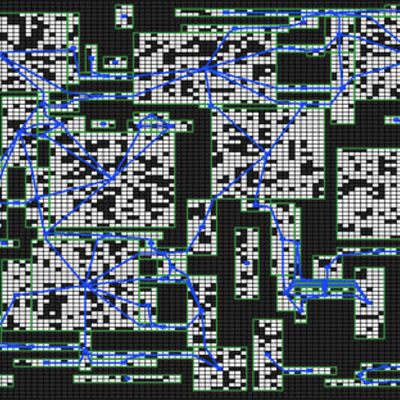 An example of our randomly generated search space, consisting of interconnected “chambers.” The high-level graph is represented in blue.