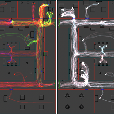 Heatmaps for Case 2. The left map uses the same color scheme as the heatmaps in Figure 5; in the right map, blue traces are males and pink traces are females.