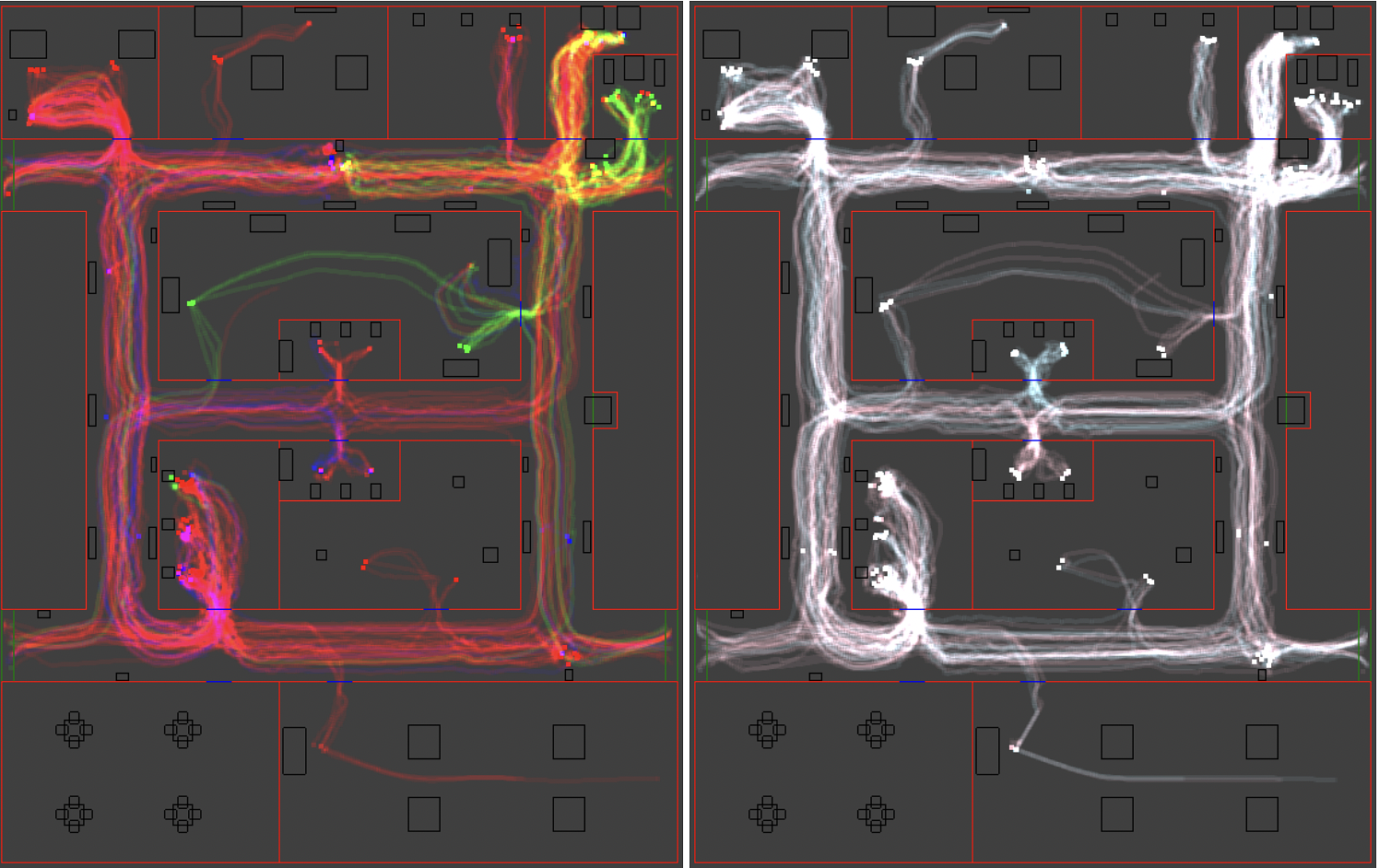 Heatmaps for Case 2. The left map uses the same color scheme as the heatmaps in Figure 5; in the right map, blue traces are males and pink traces are females.