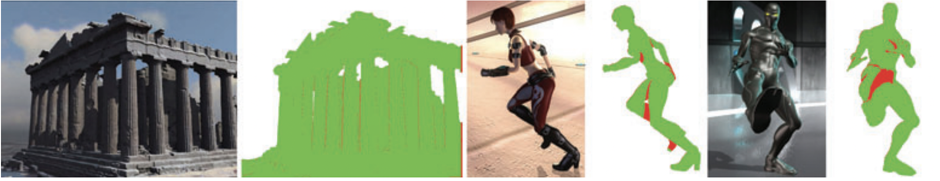 Real-time rendering applications exhibit a considerable amount of spatio-temporal coherence. This is true for camera motion, as in the Parthenon sequence (left), as well as animated scenes such as the Heroine (middle) and Ninja (right) sequences. Diagrams to the right of each rendering show disoccluded points in red, in contrast to points that were visible in the previous frame, which are shown in green (i.e. green points are available for reuse). [Images courtesy of Advanced Micro Devices, Inc., Sunnyvale, California, USA]