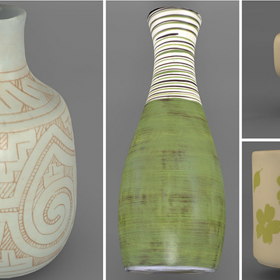 Ray-traced colored models: bottle (left), vase (middle), coffee mug (left top), and the same model registered in inverse ordering (left bottom)
