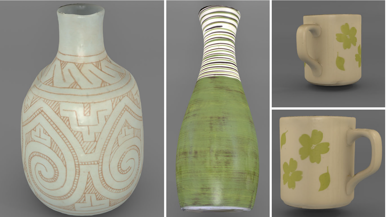 Ray-traced colored models: bottle (left), vase (middle), coffee mug (left top), and the same model registered in inverse ordering (left bottom)