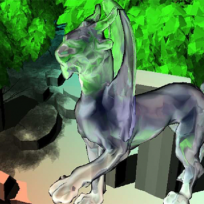 Transmittance shadow maps use this information to attenuate light passing through semitransparent surfaces (shadows of the trees). We also show that the obtained volume estimation can be used for refraction (lion).