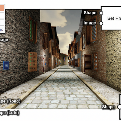 Manipulation of different entity types within the same scene. A street entity led to the generation of several buildings, represented as shapes. Each building was given a number which was then used to produce a custom texture to attach next to each door. Light sources were then instanced on the location of each street lamp, just above the doors. The generation of each entity type therefore greatly benefits when processed in sequence, in a single pipeline, instead of in separate environments.