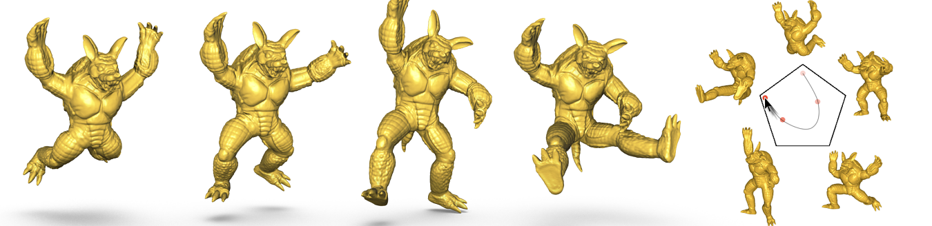 Snapshots from an interactive shape interpolation session with five example poses of an armadillo shell model with 332k triangles. After a preprocess, our framework for nonlinear shape interpolation computes weighted average poses in real-time